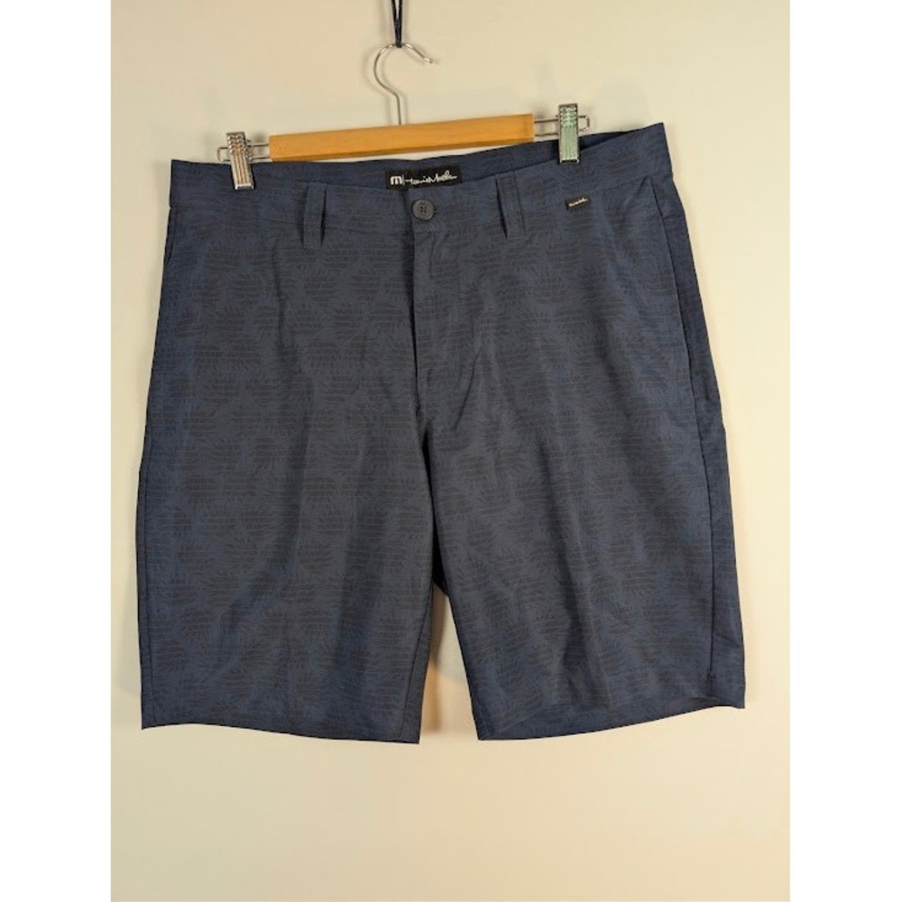 TravisMathew Golf Shorts Mens 34 Navy Blue Palm Leaf Print Stretch Performance